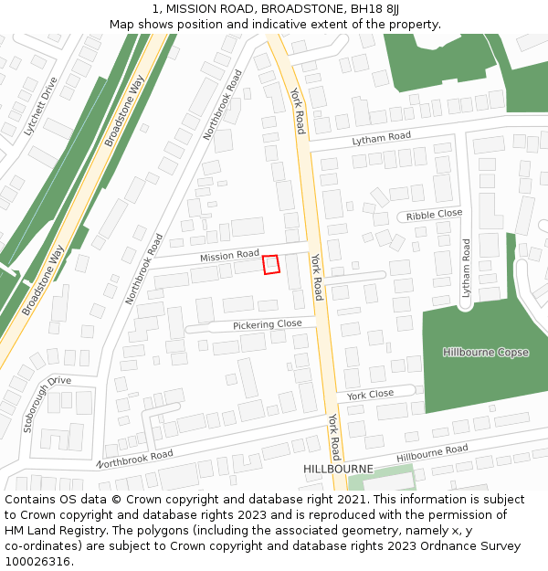 1, MISSION ROAD, BROADSTONE, BH18 8JJ: Location map and indicative extent of plot