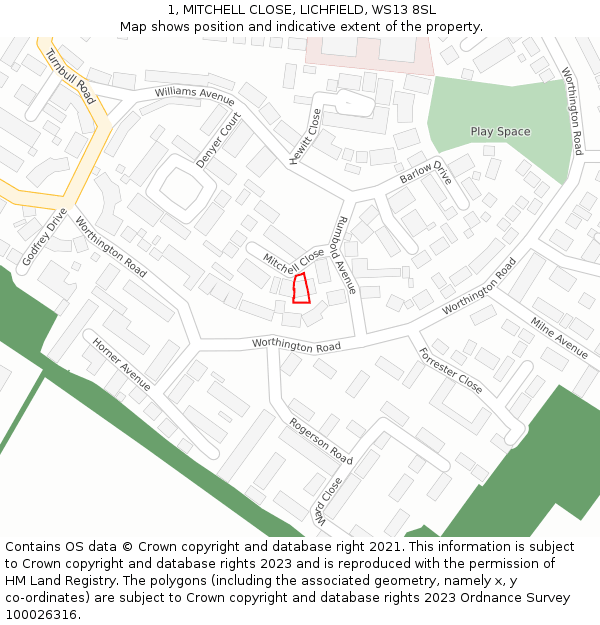 1, MITCHELL CLOSE, LICHFIELD, WS13 8SL: Location map and indicative extent of plot