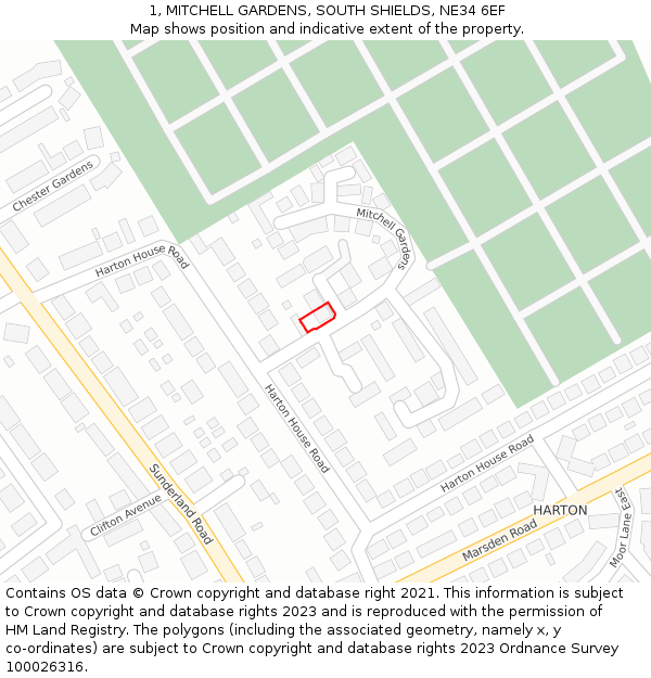 1, MITCHELL GARDENS, SOUTH SHIELDS, NE34 6EF: Location map and indicative extent of plot