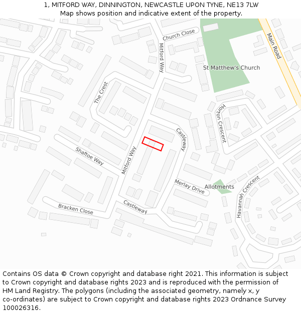 1, MITFORD WAY, DINNINGTON, NEWCASTLE UPON TYNE, NE13 7LW: Location map and indicative extent of plot