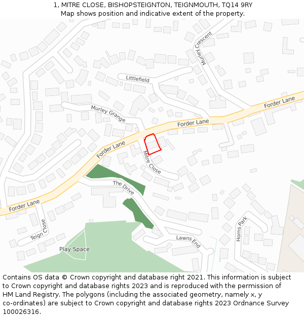 1, MITRE CLOSE, BISHOPSTEIGNTON, TEIGNMOUTH, TQ14 9RY: Location map and indicative extent of plot