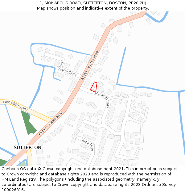 1, MONARCHS ROAD, SUTTERTON, BOSTON, PE20 2HJ: Location map and indicative extent of plot