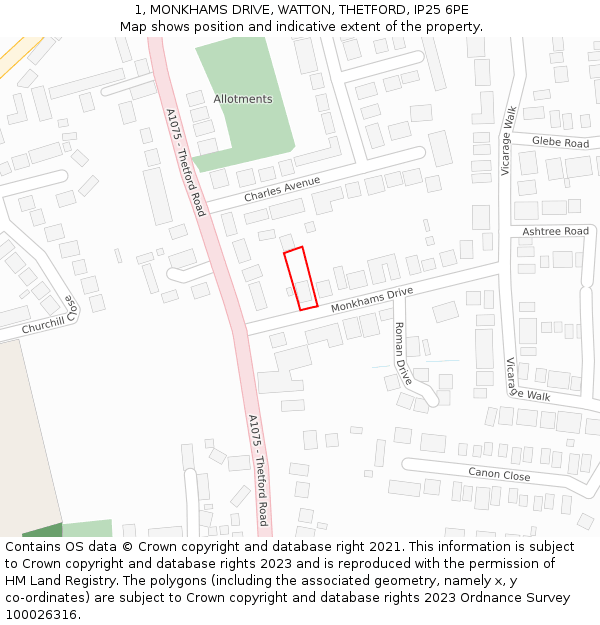 1, MONKHAMS DRIVE, WATTON, THETFORD, IP25 6PE: Location map and indicative extent of plot