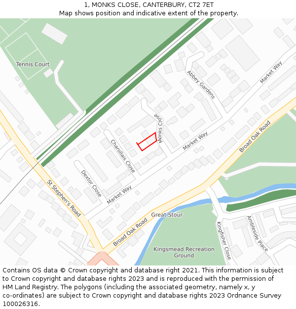 1, MONKS CLOSE, CANTERBURY, CT2 7ET: Location map and indicative extent of plot