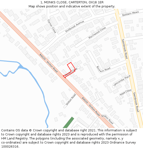 1, MONKS CLOSE, CARTERTON, OX18 1ER: Location map and indicative extent of plot