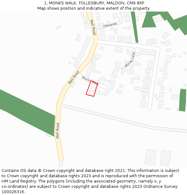 1, MONKS WALK, TOLLESBURY, MALDON, CM9 8XP: Location map and indicative extent of plot