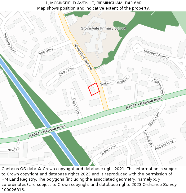 1, MONKSFIELD AVENUE, BIRMINGHAM, B43 6AP: Location map and indicative extent of plot