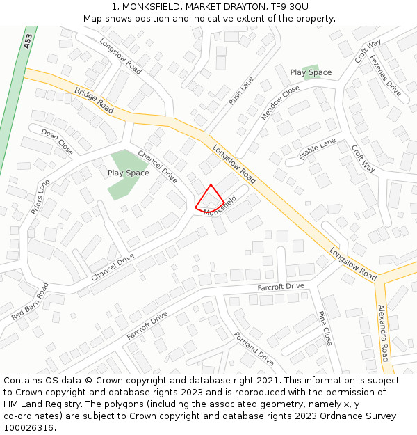 1, MONKSFIELD, MARKET DRAYTON, TF9 3QU: Location map and indicative extent of plot