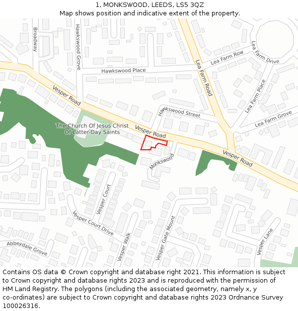 1, MONKSWOOD, LEEDS, LS5 3QZ: Location map and indicative extent of plot