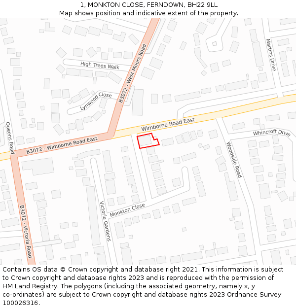 1, MONKTON CLOSE, FERNDOWN, BH22 9LL: Location map and indicative extent of plot