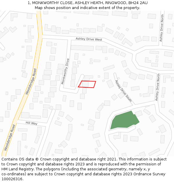 1, MONKWORTHY CLOSE, ASHLEY HEATH, RINGWOOD, BH24 2AU: Location map and indicative extent of plot