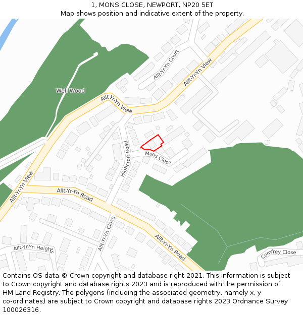 1, MONS CLOSE, NEWPORT, NP20 5ET: Location map and indicative extent of plot