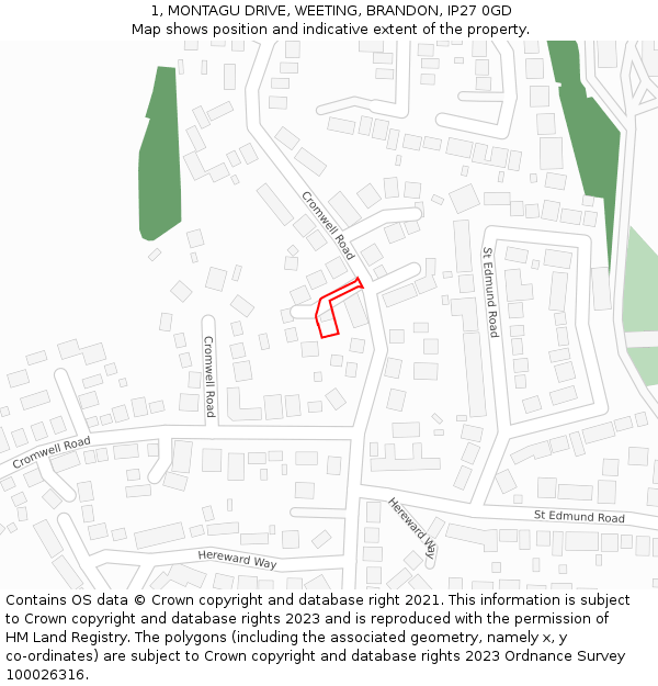 1, MONTAGU DRIVE, WEETING, BRANDON, IP27 0GD: Location map and indicative extent of plot
