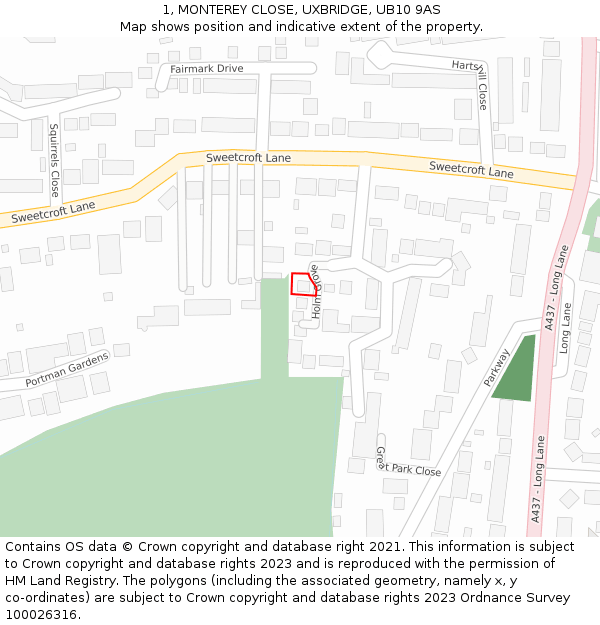 1, MONTEREY CLOSE, UXBRIDGE, UB10 9AS: Location map and indicative extent of plot