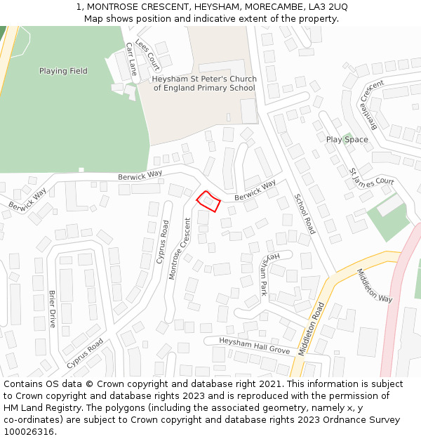 1, MONTROSE CRESCENT, HEYSHAM, MORECAMBE, LA3 2UQ: Location map and indicative extent of plot
