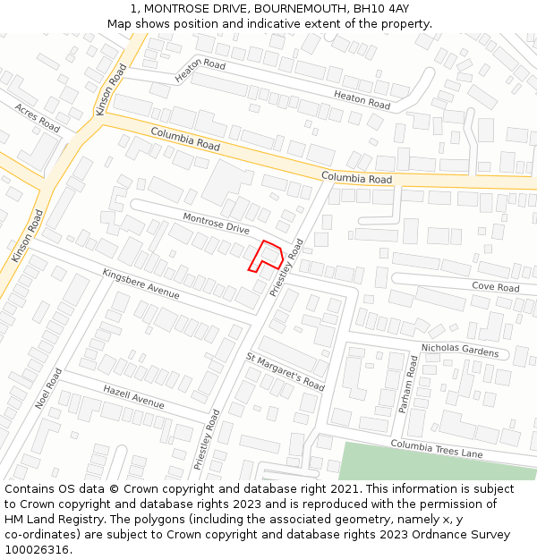 1, MONTROSE DRIVE, BOURNEMOUTH, BH10 4AY: Location map and indicative extent of plot