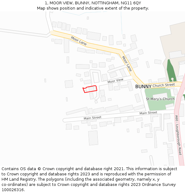 1, MOOR VIEW, BUNNY, NOTTINGHAM, NG11 6QY: Location map and indicative extent of plot