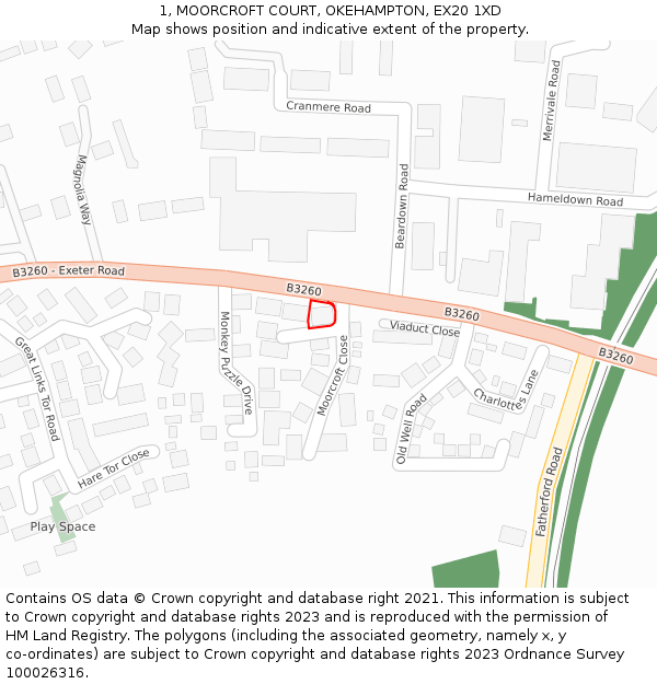 1, MOORCROFT COURT, OKEHAMPTON, EX20 1XD: Location map and indicative extent of plot