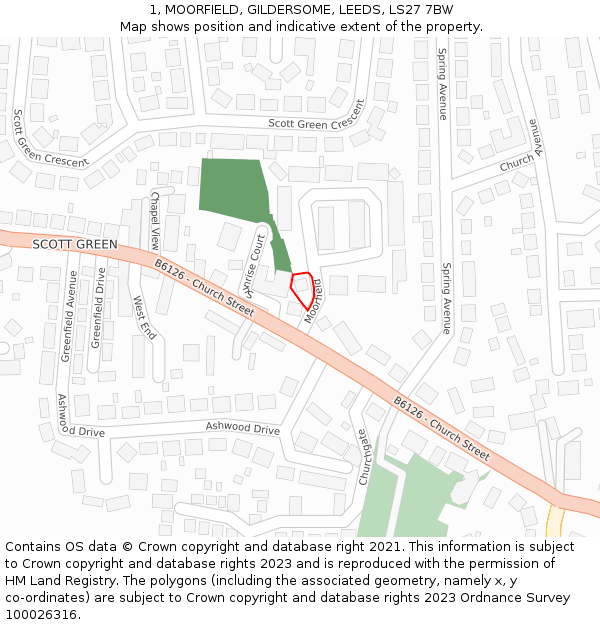 1, MOORFIELD, GILDERSOME, LEEDS, LS27 7BW: Location map and indicative extent of plot