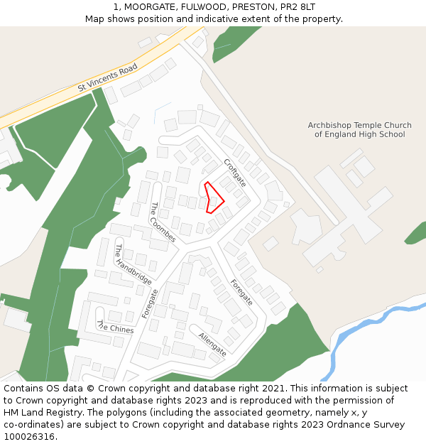 1, MOORGATE, FULWOOD, PRESTON, PR2 8LT: Location map and indicative extent of plot