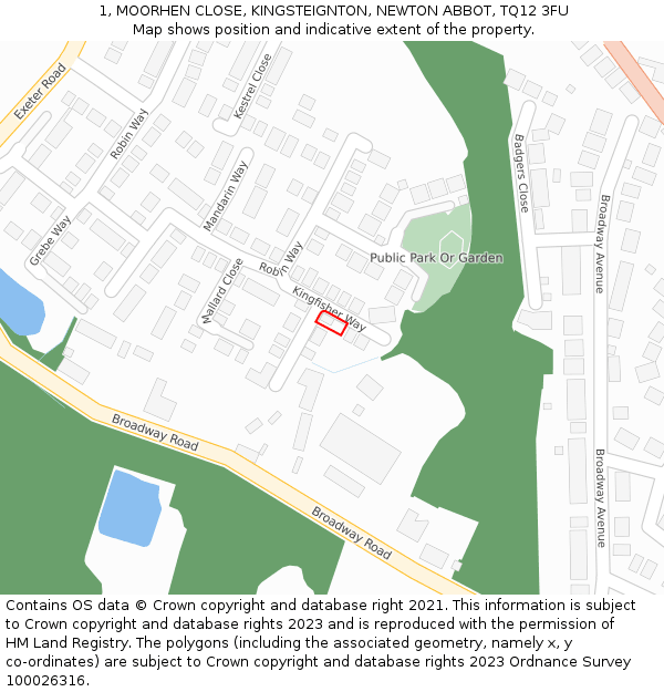 1, MOORHEN CLOSE, KINGSTEIGNTON, NEWTON ABBOT, TQ12 3FU: Location map and indicative extent of plot