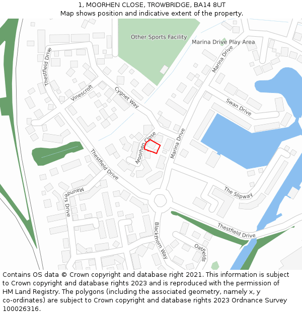 1, MOORHEN CLOSE, TROWBRIDGE, BA14 8UT: Location map and indicative extent of plot