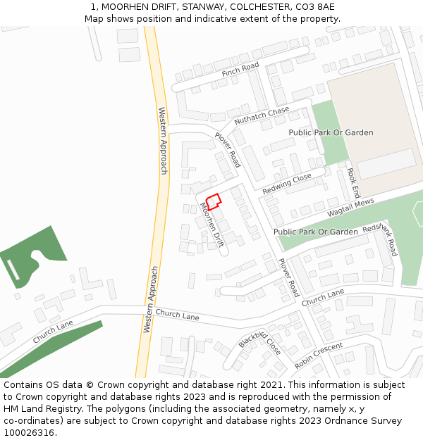 1, MOORHEN DRIFT, STANWAY, COLCHESTER, CO3 8AE: Location map and indicative extent of plot