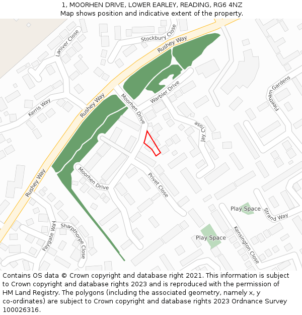 1, MOORHEN DRIVE, LOWER EARLEY, READING, RG6 4NZ: Location map and indicative extent of plot