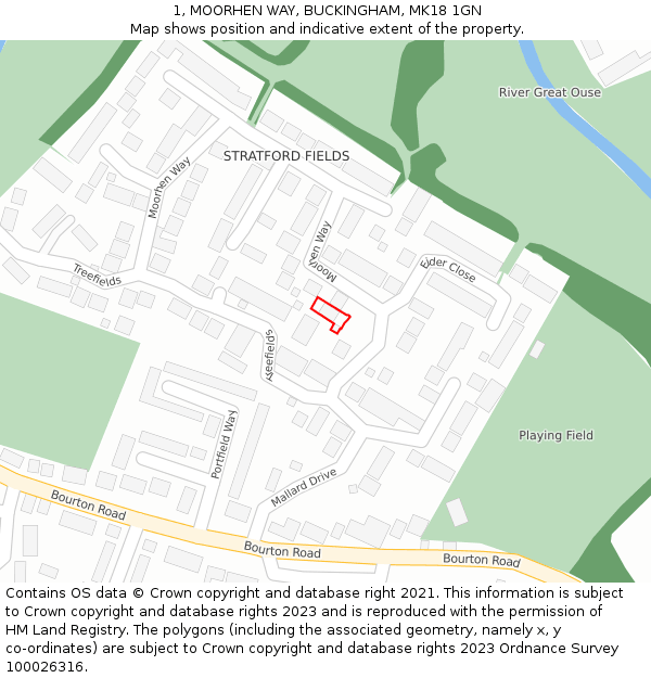 1, MOORHEN WAY, BUCKINGHAM, MK18 1GN: Location map and indicative extent of plot