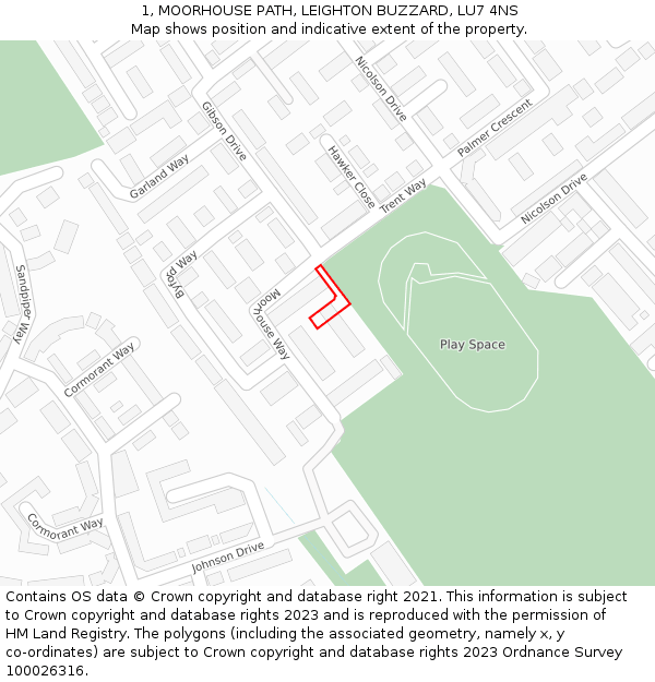 1, MOORHOUSE PATH, LEIGHTON BUZZARD, LU7 4NS: Location map and indicative extent of plot