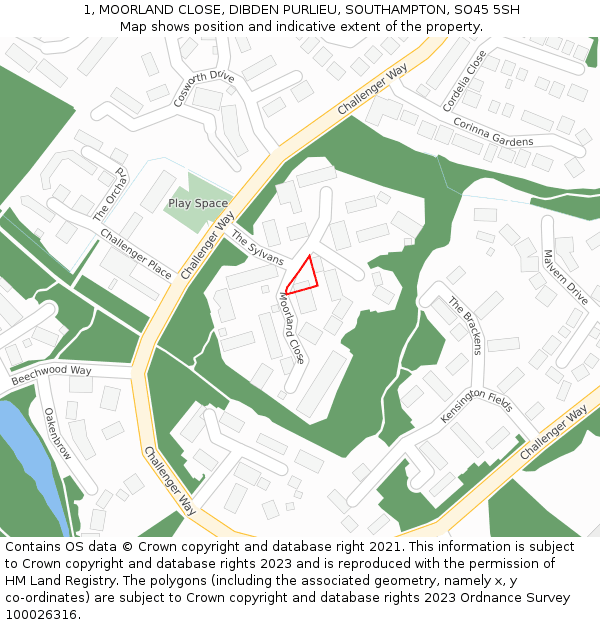 1, MOORLAND CLOSE, DIBDEN PURLIEU, SOUTHAMPTON, SO45 5SH: Location map and indicative extent of plot