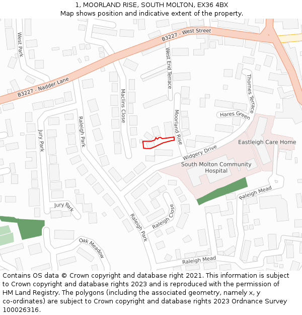 1, MOORLAND RISE, SOUTH MOLTON, EX36 4BX: Location map and indicative extent of plot