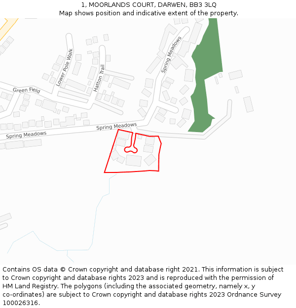 1, MOORLANDS COURT, DARWEN, BB3 3LQ: Location map and indicative extent of plot