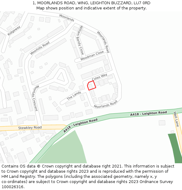 1, MOORLANDS ROAD, WING, LEIGHTON BUZZARD, LU7 0RD: Location map and indicative extent of plot