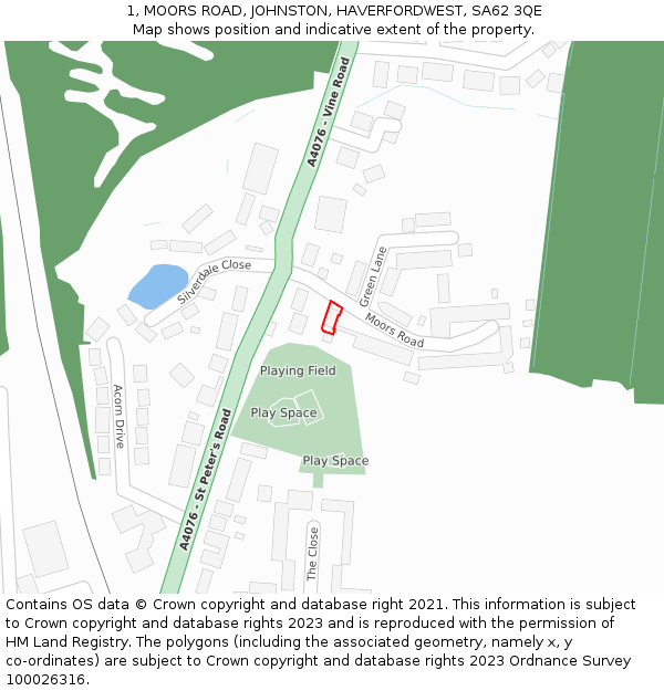 1, MOORS ROAD, JOHNSTON, HAVERFORDWEST, SA62 3QE: Location map and indicative extent of plot