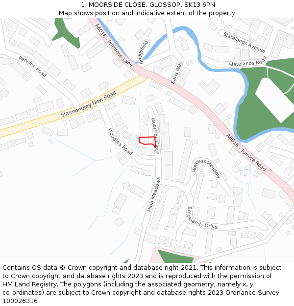 1, MOORSIDE CLOSE, GLOSSOP, SK13 6PN: Location map and indicative extent of plot