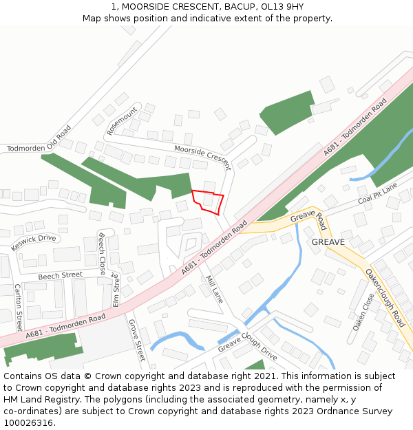 1, MOORSIDE CRESCENT, BACUP, OL13 9HY: Location map and indicative extent of plot