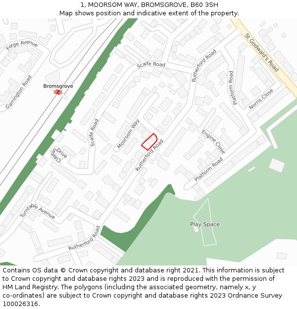 1, MOORSOM WAY, BROMSGROVE, B60 3SH: Location map and indicative extent of plot