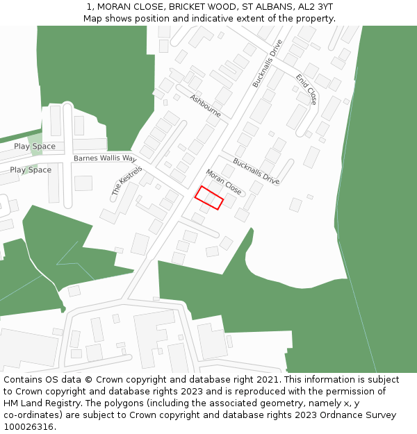 1, MORAN CLOSE, BRICKET WOOD, ST ALBANS, AL2 3YT: Location map and indicative extent of plot