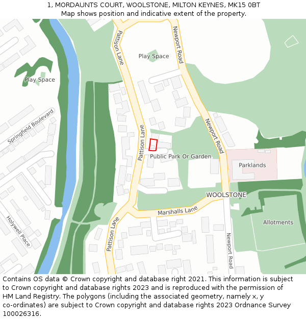 1, MORDAUNTS COURT, WOOLSTONE, MILTON KEYNES, MK15 0BT: Location map and indicative extent of plot