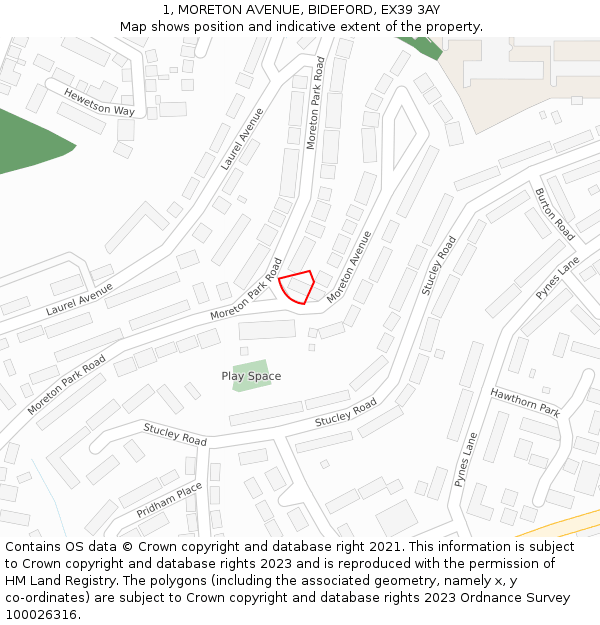 1, MORETON AVENUE, BIDEFORD, EX39 3AY: Location map and indicative extent of plot