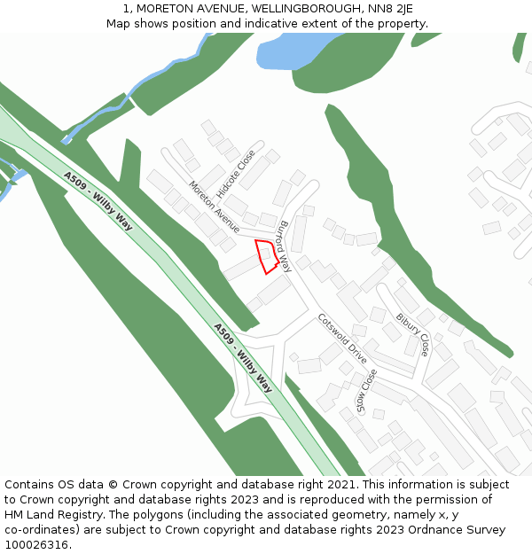 1, MORETON AVENUE, WELLINGBOROUGH, NN8 2JE: Location map and indicative extent of plot