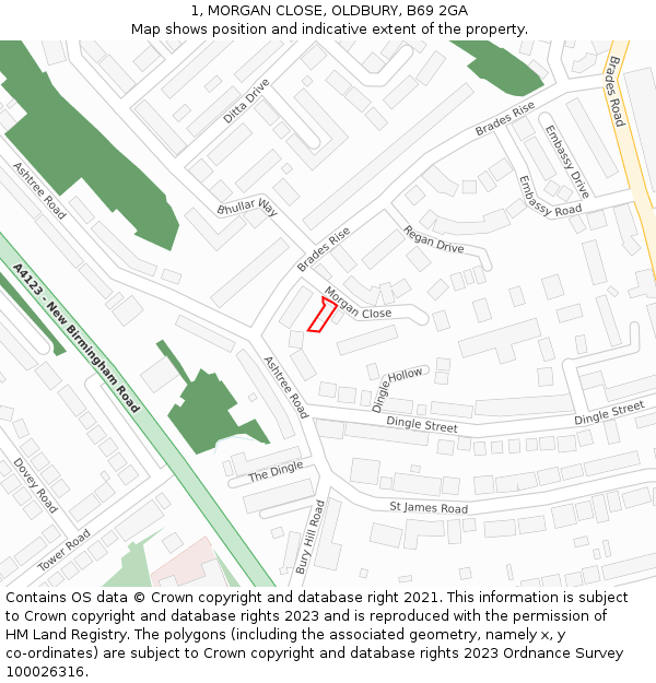 1, MORGAN CLOSE, OLDBURY, B69 2GA: Location map and indicative extent of plot