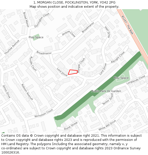 1, MORGAN CLOSE, POCKLINGTON, YORK, YO42 2PG: Location map and indicative extent of plot