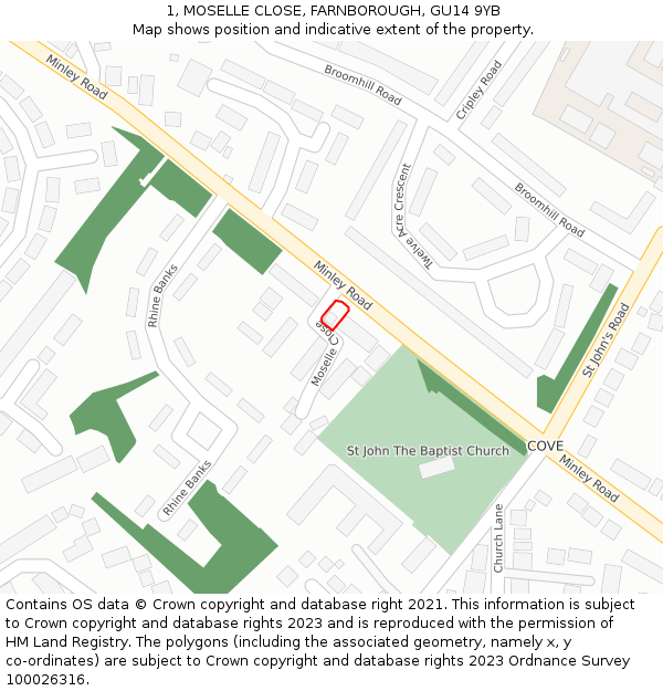 1, MOSELLE CLOSE, FARNBOROUGH, GU14 9YB: Location map and indicative extent of plot