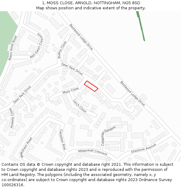 1, MOSS CLOSE, ARNOLD, NOTTINGHAM, NG5 8SD: Location map and indicative extent of plot