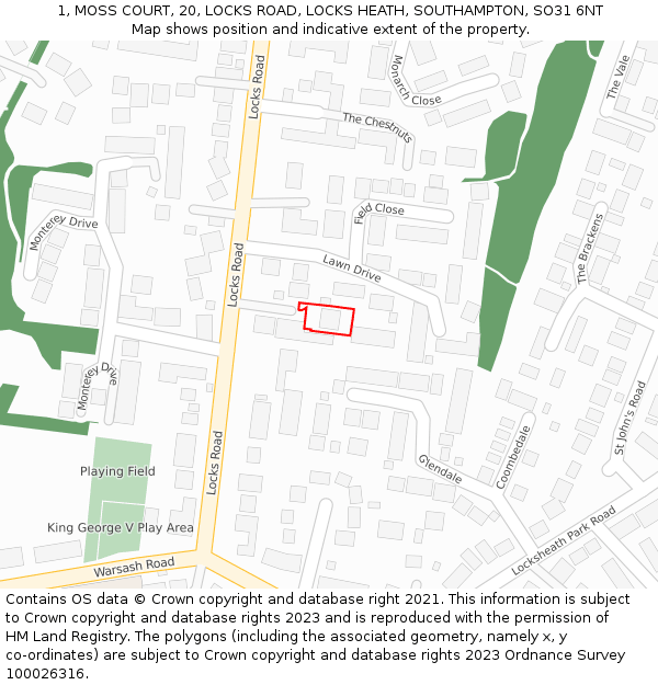 1, MOSS COURT, 20, LOCKS ROAD, LOCKS HEATH, SOUTHAMPTON, SO31 6NT: Location map and indicative extent of plot