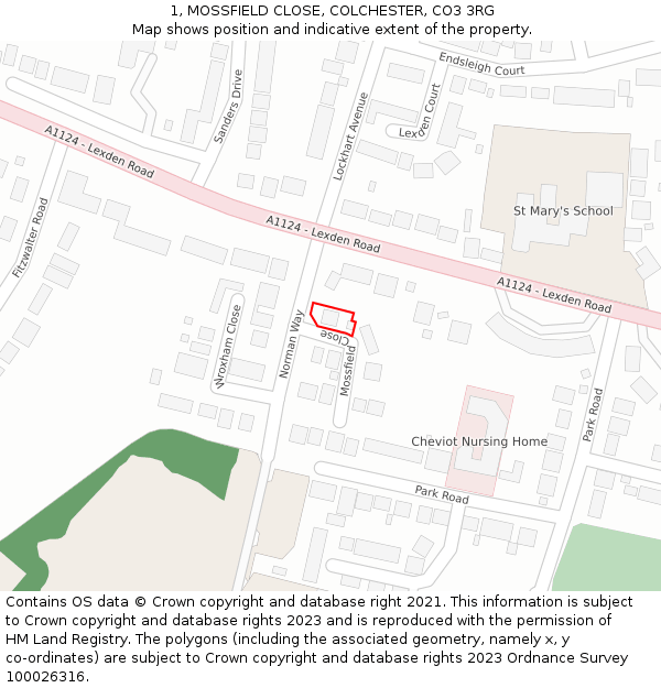 1, MOSSFIELD CLOSE, COLCHESTER, CO3 3RG: Location map and indicative extent of plot