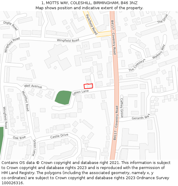 1, MOTTS WAY, COLESHILL, BIRMINGHAM, B46 3NZ: Location map and indicative extent of plot