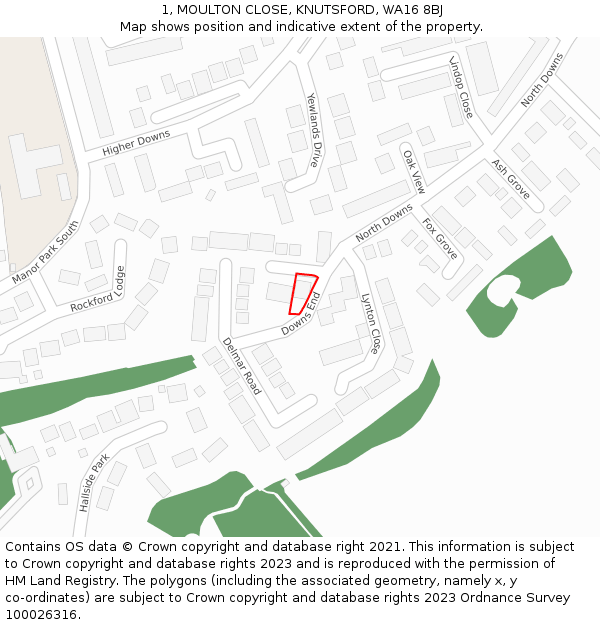 1, MOULTON CLOSE, KNUTSFORD, WA16 8BJ: Location map and indicative extent of plot